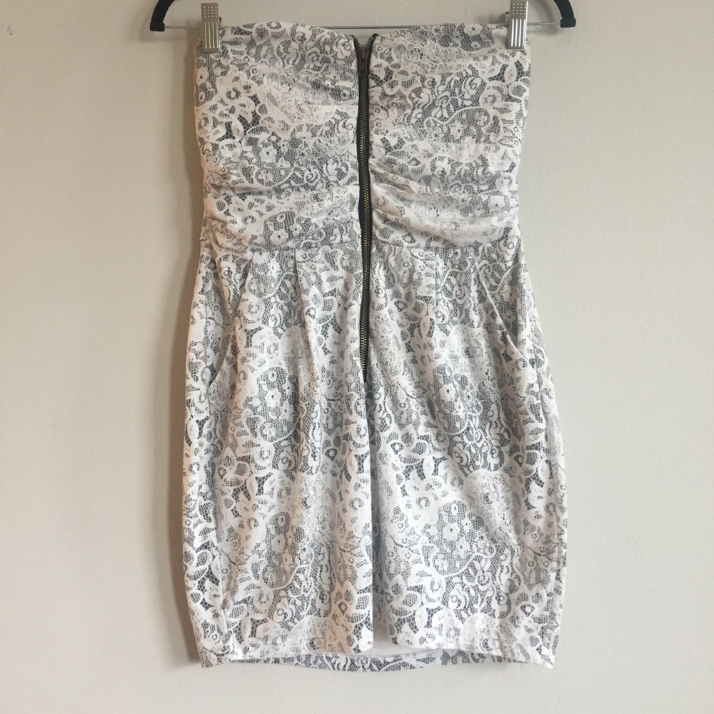 White and black strapless dress
